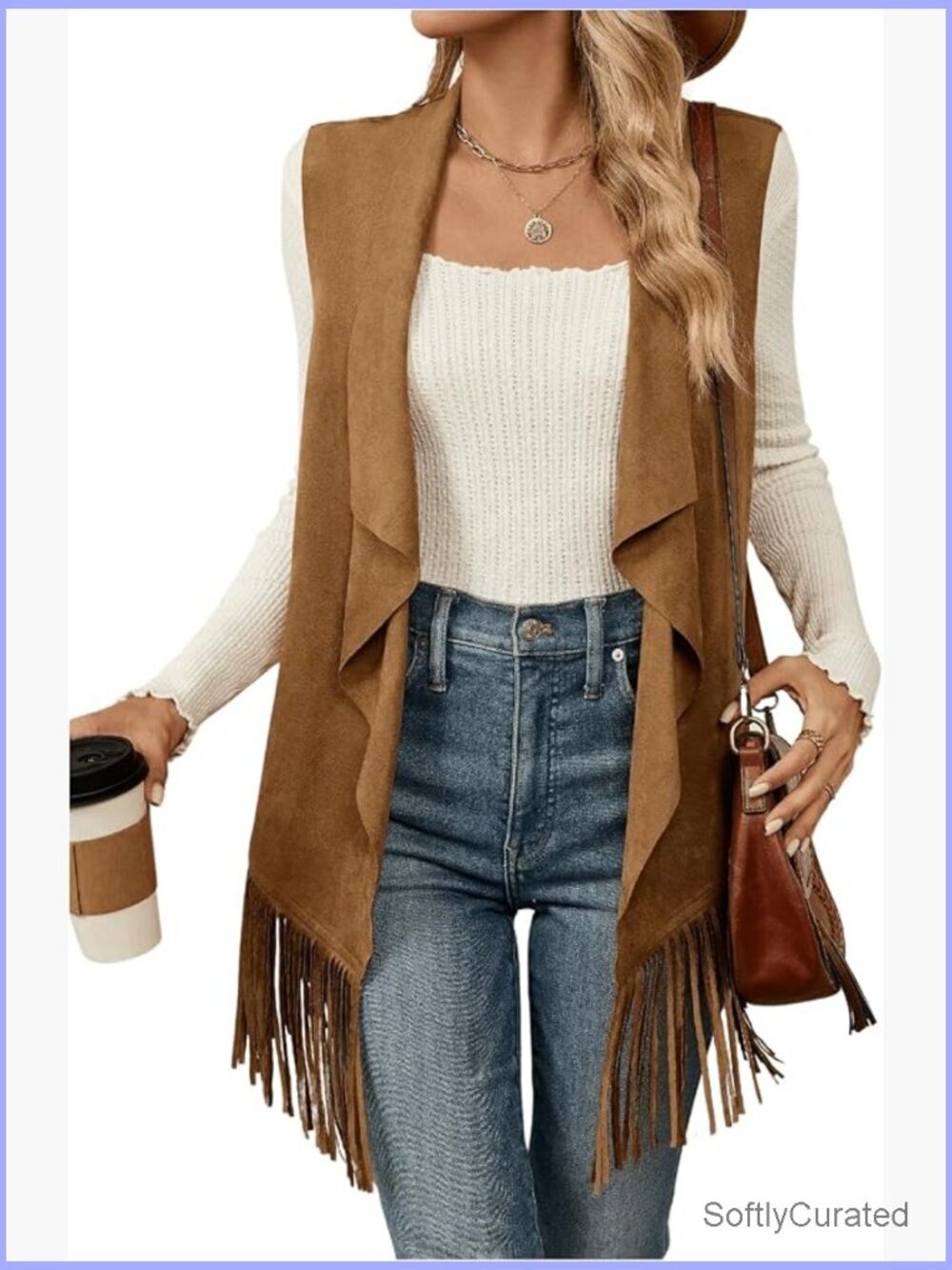 Sleeveless Faux Suede Fringe Open Front Vest Jacket - Boho Cowgirl Rodeo Outwear